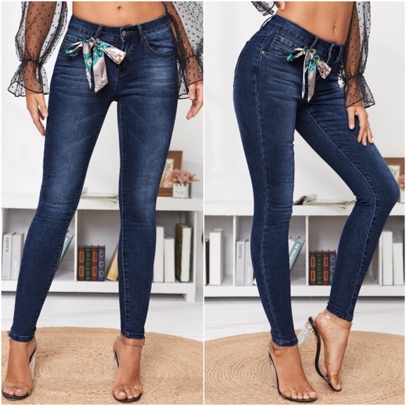 Dark Wash Blue Faded Skinny Denim Jeans - Picture 1 of 5